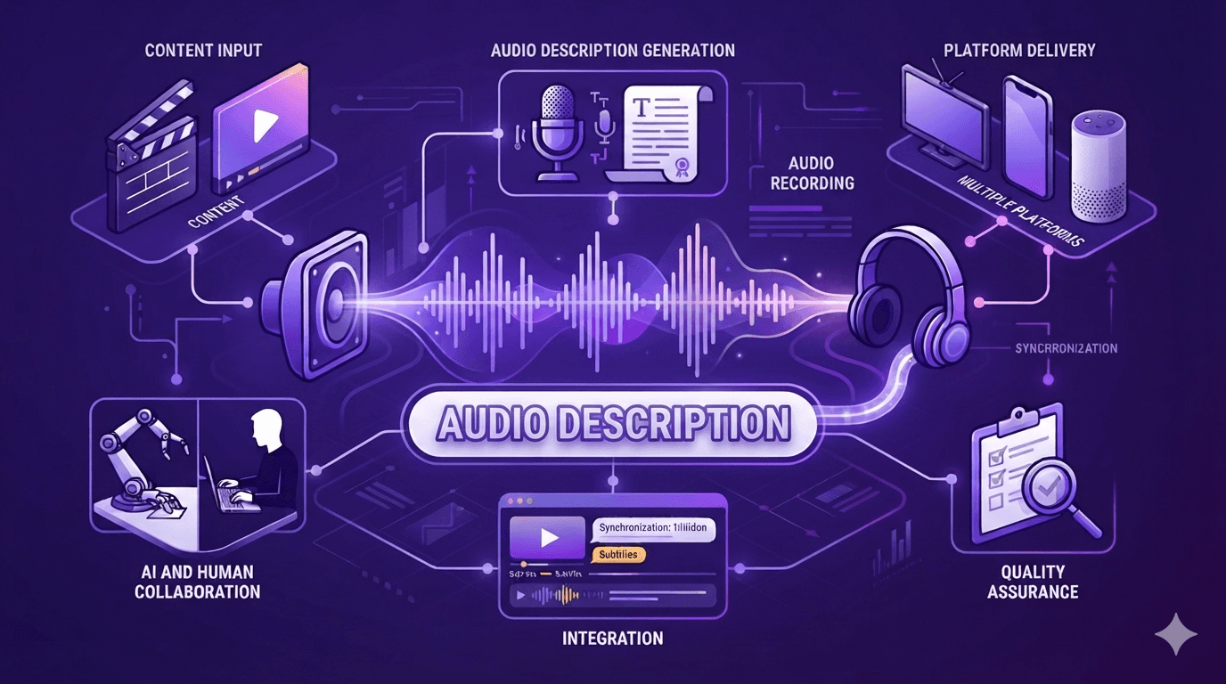 Audio Description workflow diagram illustrating content input, AI and human collaboration, audio description scripting and voice recording, video integration, quality assurance, and multi-platform delivery.